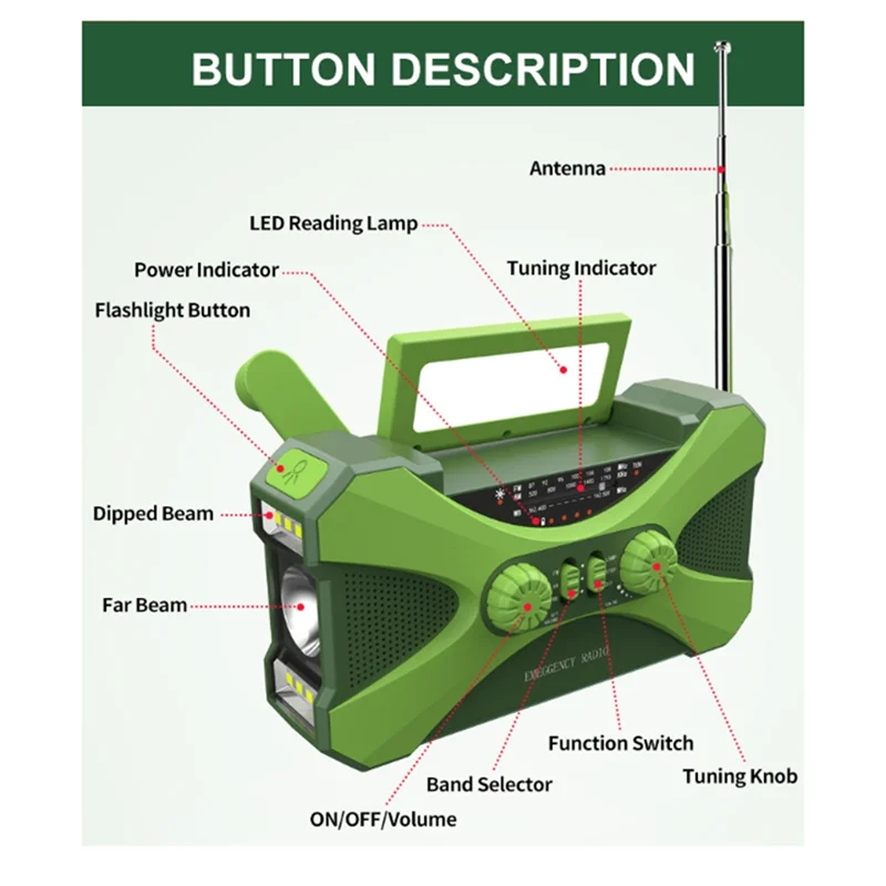 B48B-5200Mah Emergency Radio, Solar Hand Crank Radio Portable Radio With Phone Charger LED Flashlight Outdoor Emergency